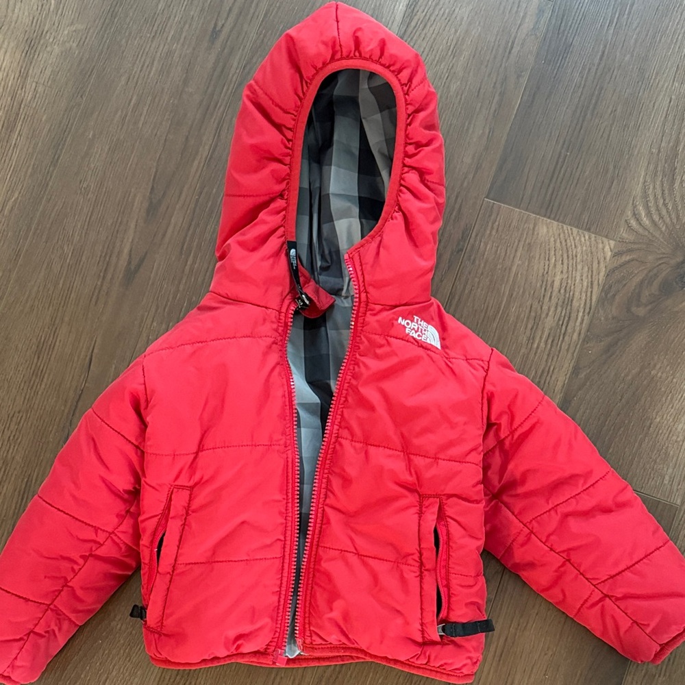 The North Face Gray and Red Checkered Hooded Jacket